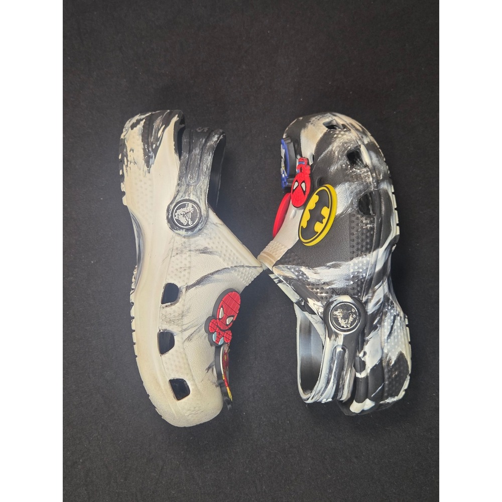 Crocs Kids Classic Marbled Clog Black White Superhero Jibbitz Size C9